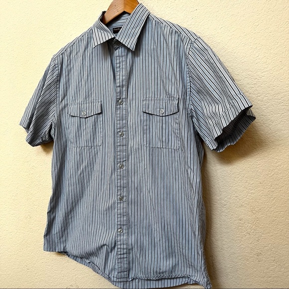 Perry Ellis Blue Grey Striped Button Short Sleeve Shirt O-14 - Picture 2 of 8